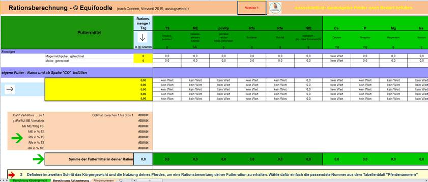 equifoodle Screen Excel Rationsberechnung Summe 